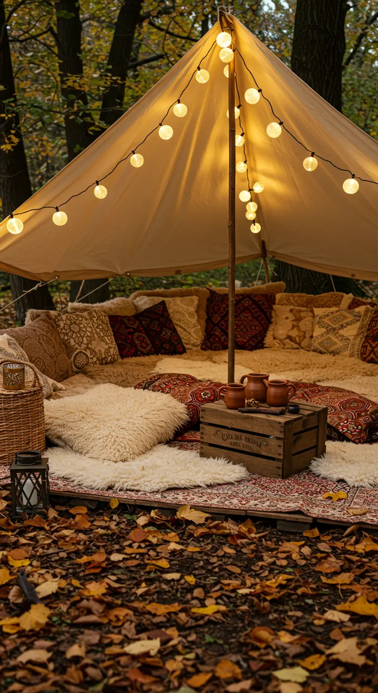 Tente aménagée en forêt avec guirlandes, coussins et peaux de mouton.