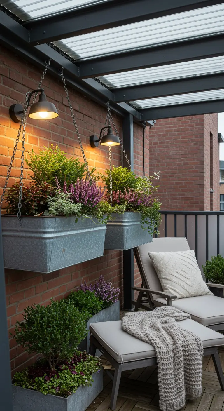 Terrasse moderne avec bacs galvanisés suspendus, remplis de bruyères et de verdure
