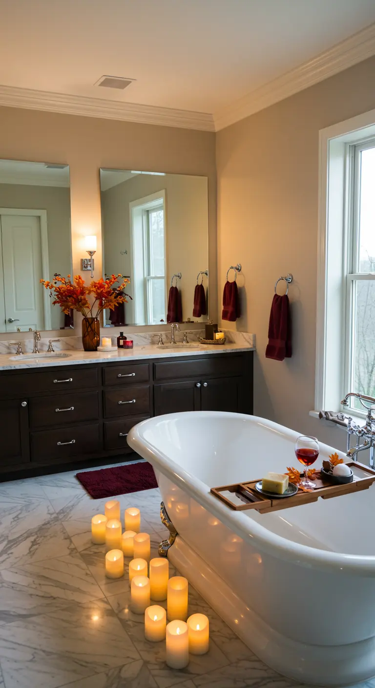 Salle de bain luxueuse avec baignoire îlot, sol en marbre, vanité foncée et bougies.