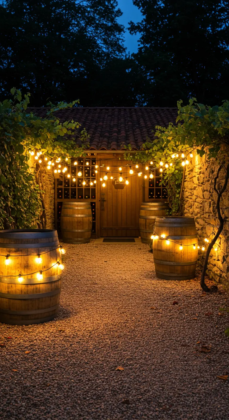 Entrée de chai éclairée par des guirlandes lumineuses solaires drapées sur des tonneaux et suspendues au-dessus.