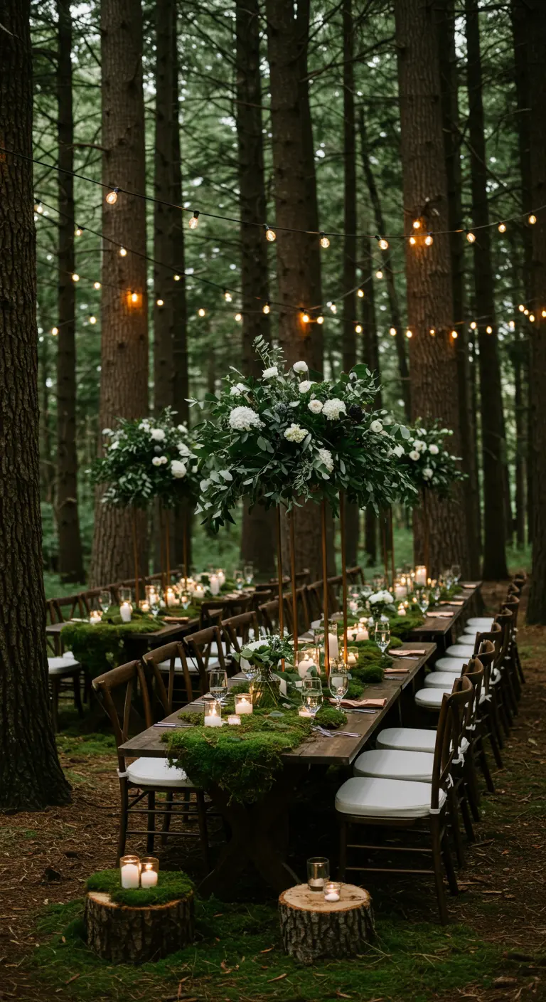 Longues tables en bois dans une forêt, décorées de mousse, bougies et centres de table floraux hauts et verts.