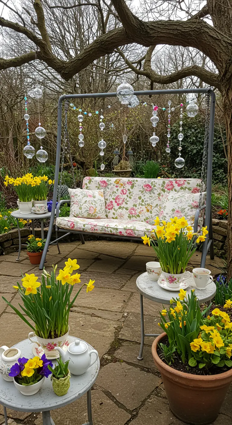 Balançoire de jardin avec coussins fleuris, jonquilles en pots et décorations en verre suspendues.
