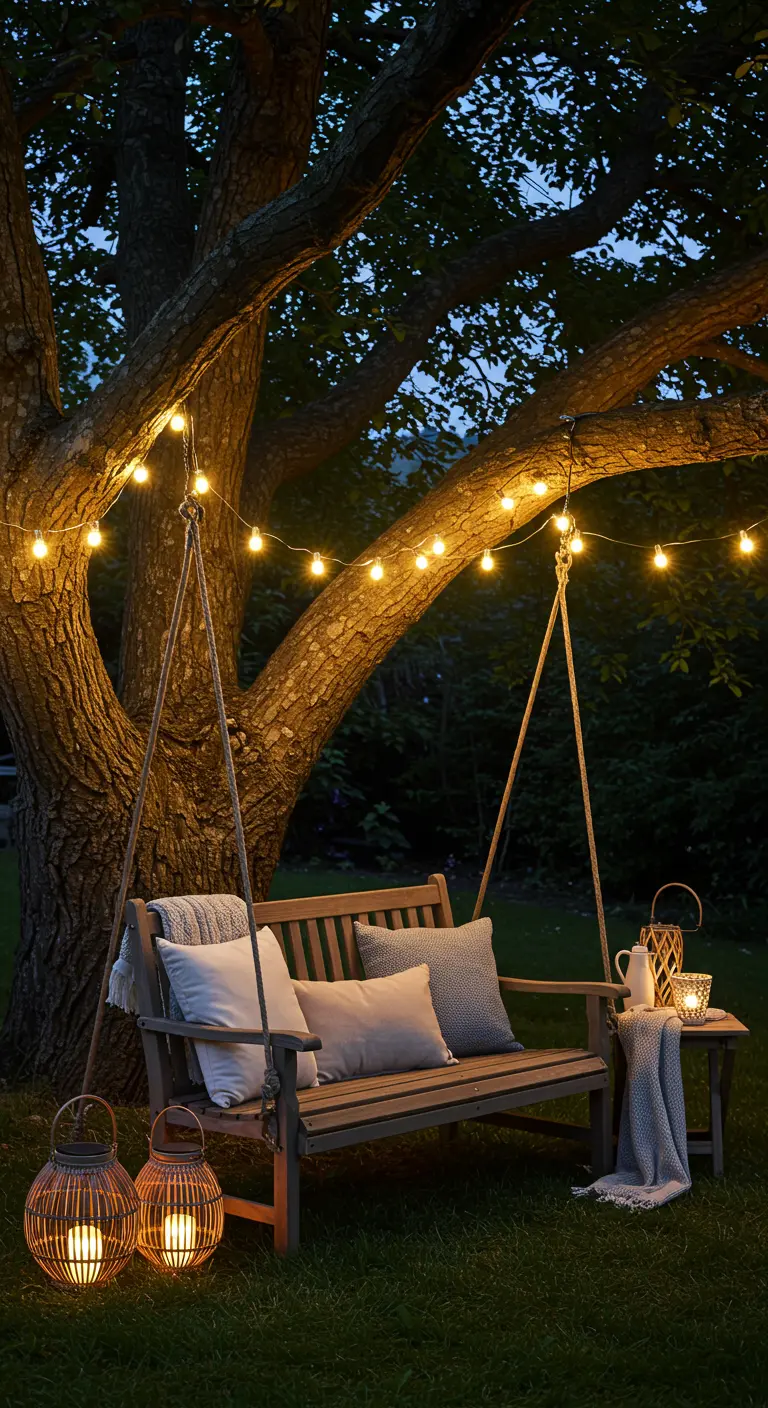 Balançoire en bois sous un grand arbre avec des guirlandes lumineuses et des lanternes solaires au sol.