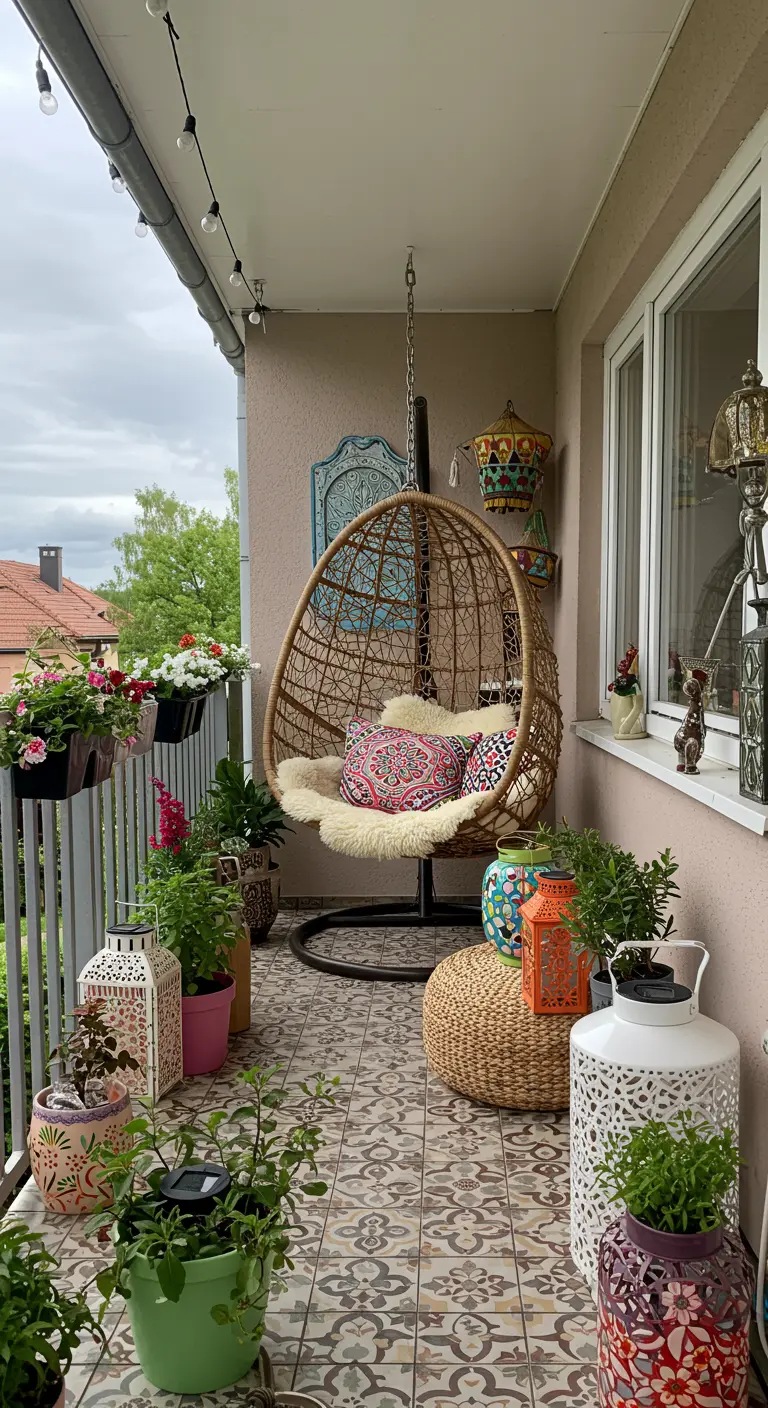 Balançoire suspendue en rotin, coussins colorés, plantes en pot et lanternes solaires sur balcon fleuri.