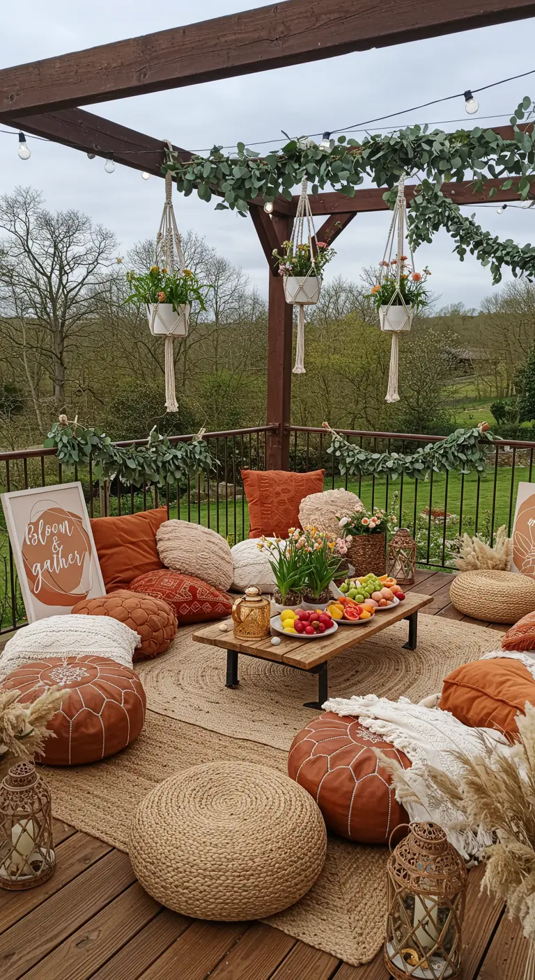 Terrasse aménagée en salon bohème avec tapis, coussins terracotta, poufs et guirlandes végétales.