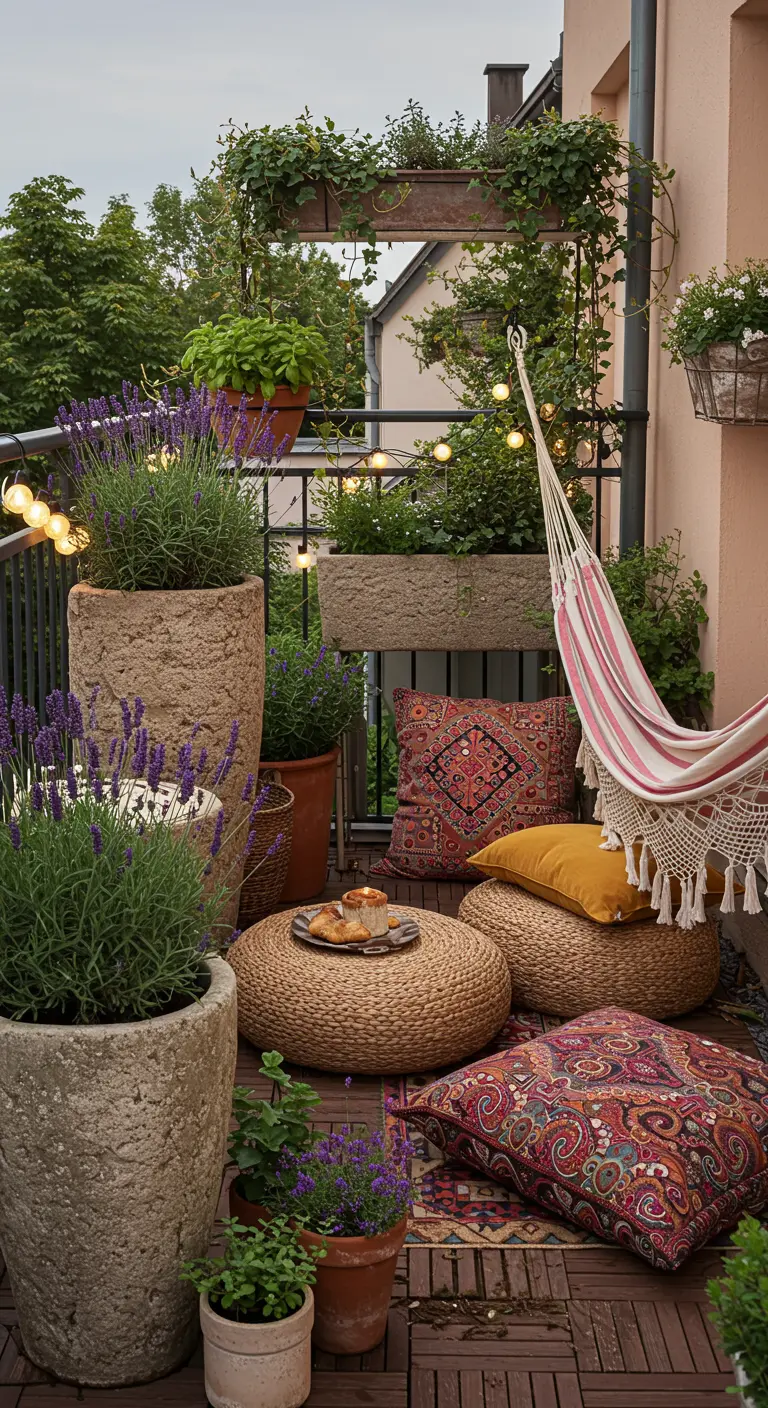 Balcon bohème avec pots de lavande, coussins colorés, hamac et guirlandes lumineuses.