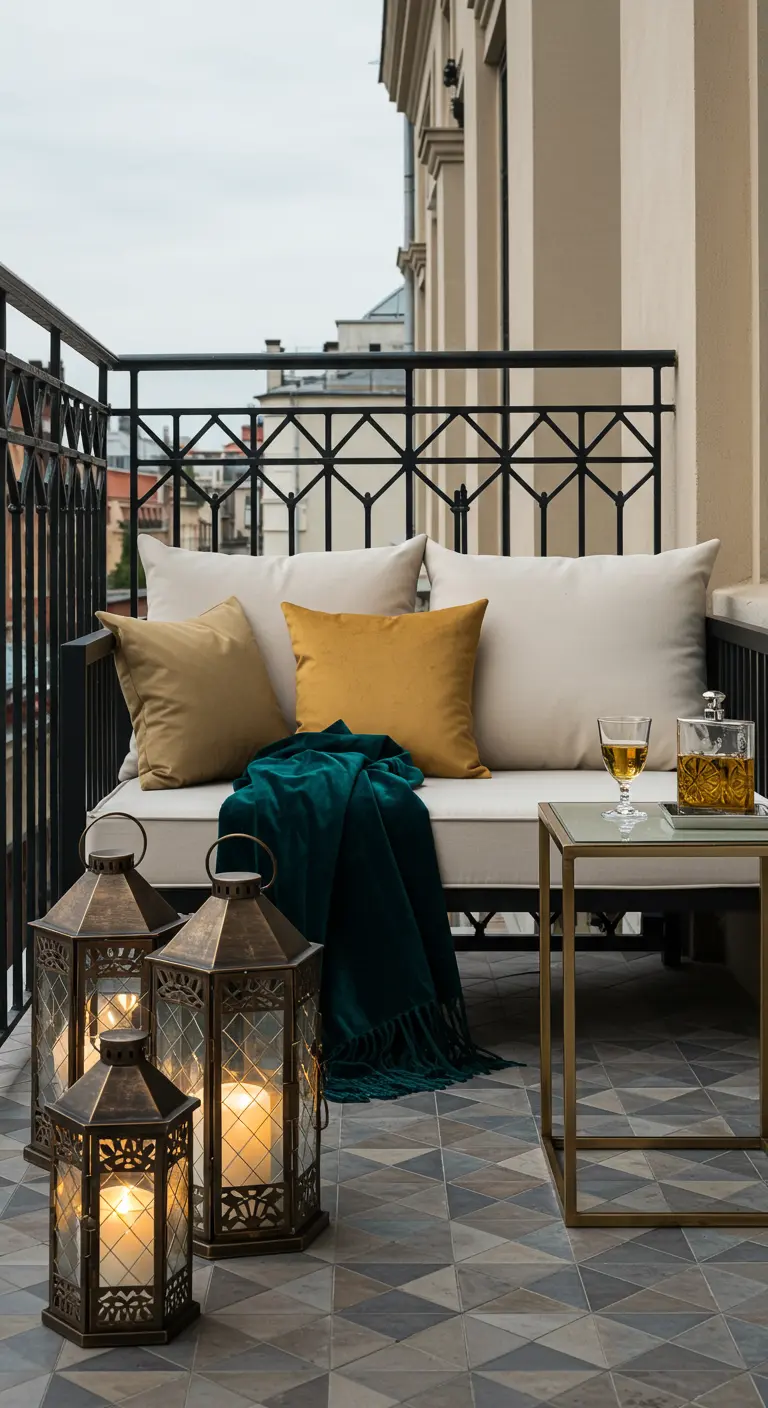 Balcon chic avec canapé blanc, coussins moutarde et vert, plaid velours et lanternes bronze.