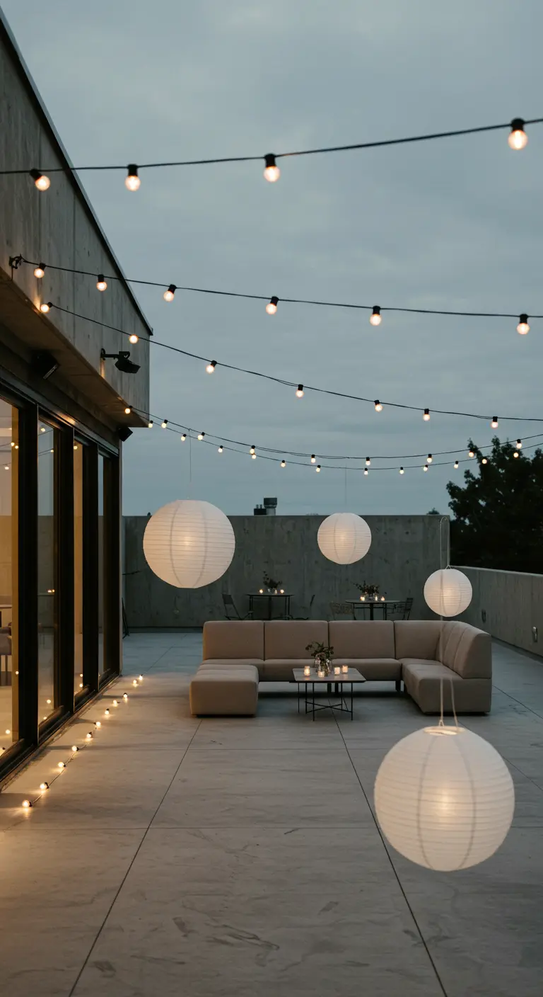 Terrasse de toit urbaine avec mobilier moderne, lampions blancs et guirlandes lumineuses.