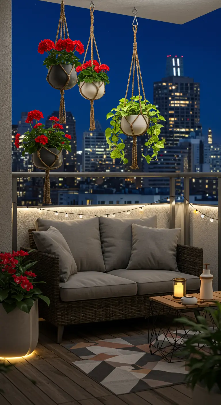 Balcon citadin éclairé la nuit avec pots suspendus de fleurs rouges, guirlandes lumineuses et skyline urbaine.