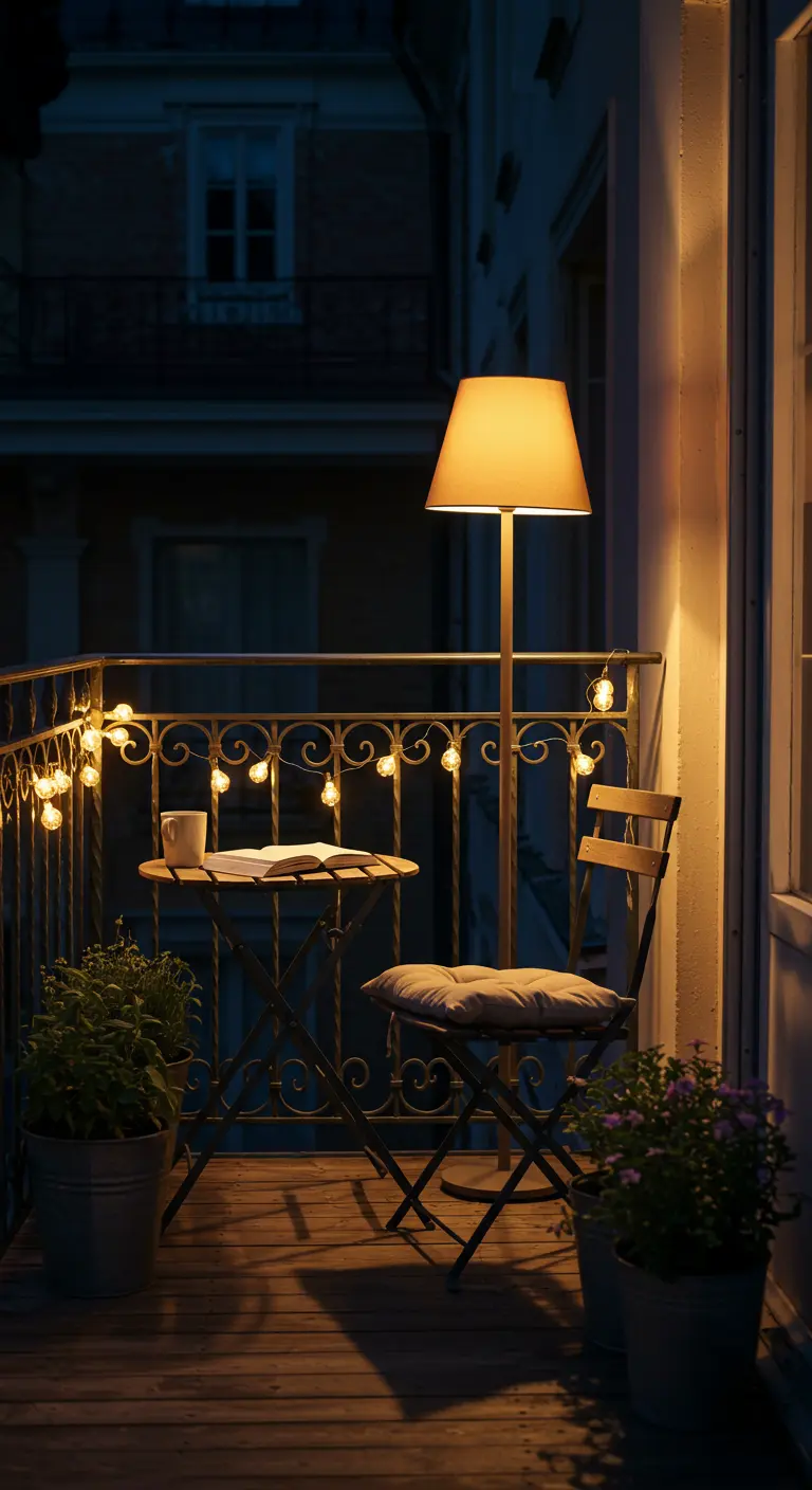 Petit balcon urbain avec un ensemble bistro, un lampadaire, des guirlandes et des plantes en pot.