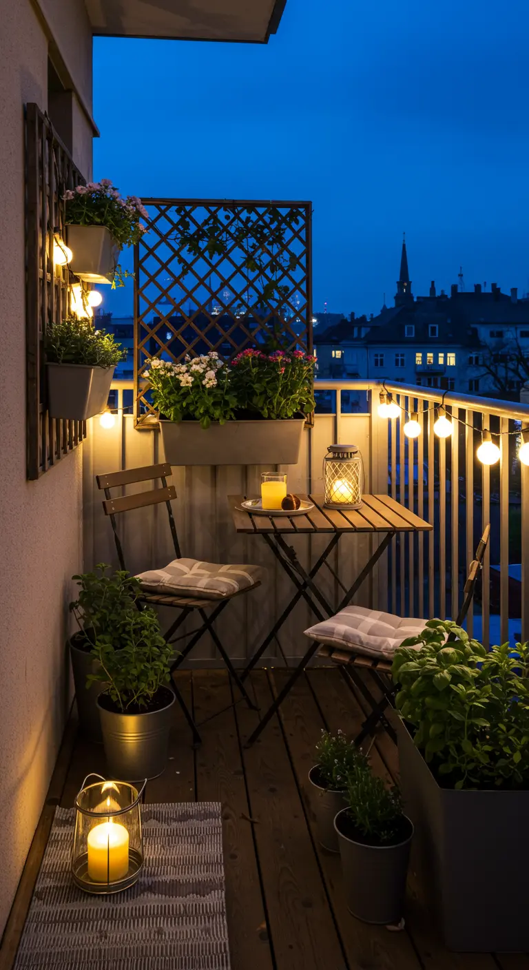 Petit balcon urbain avec table bistro, plantes en pots, et guirlandes lumineuses sur la rambarde.