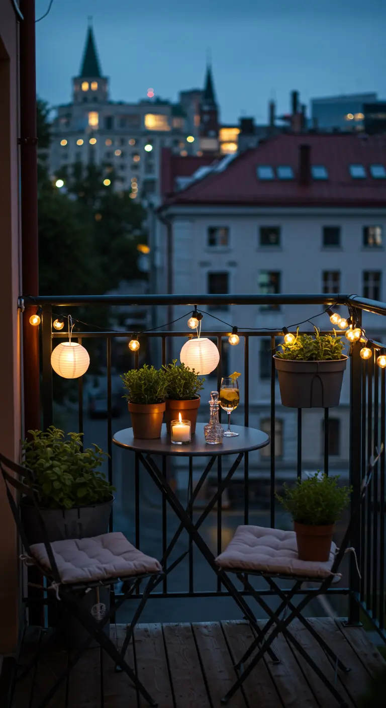 Petit balcon urbain avec table bistro, guirlandes lumineuses, lampions et herbes aromatiques.
