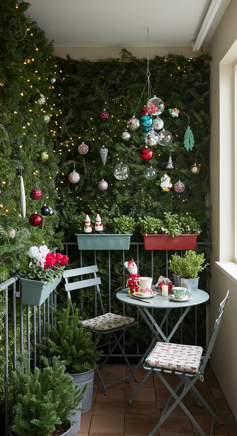 Petit balcon décoré de guirlandes de sapin verticales, boules suspendues, jardinières et mobilier.