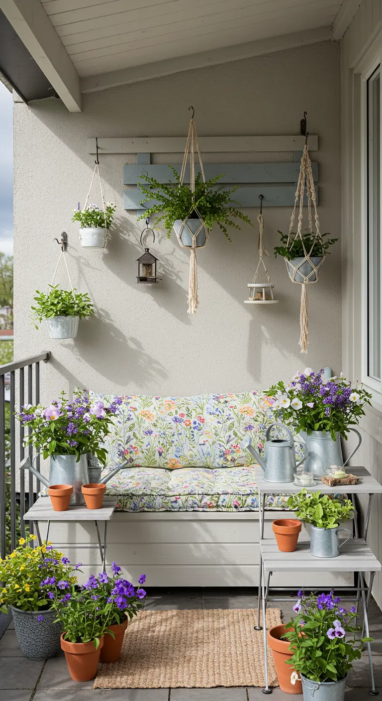 Petit balcon avec banc mural, coussin fleuri, plantes suspendues et pots en zinc.