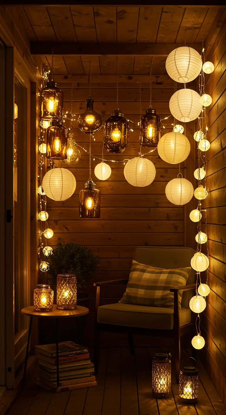 Petit balcon en bois avec mélange de lanternes métalliques, ampoules en verre et lampions blancs.