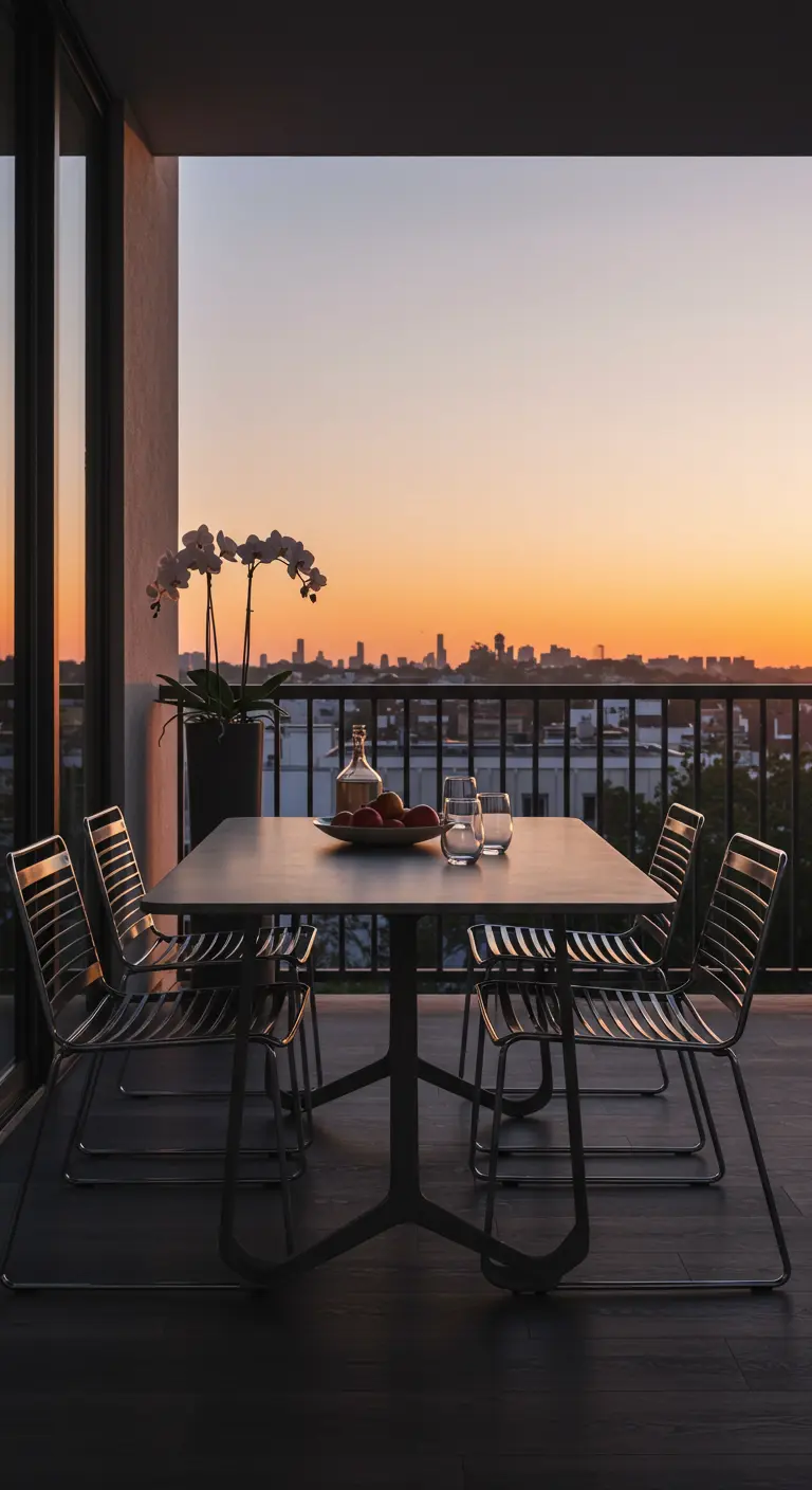Table carrée en béton et chaises en acier sur un balcon avec vue sur la ville au coucher du soleil.