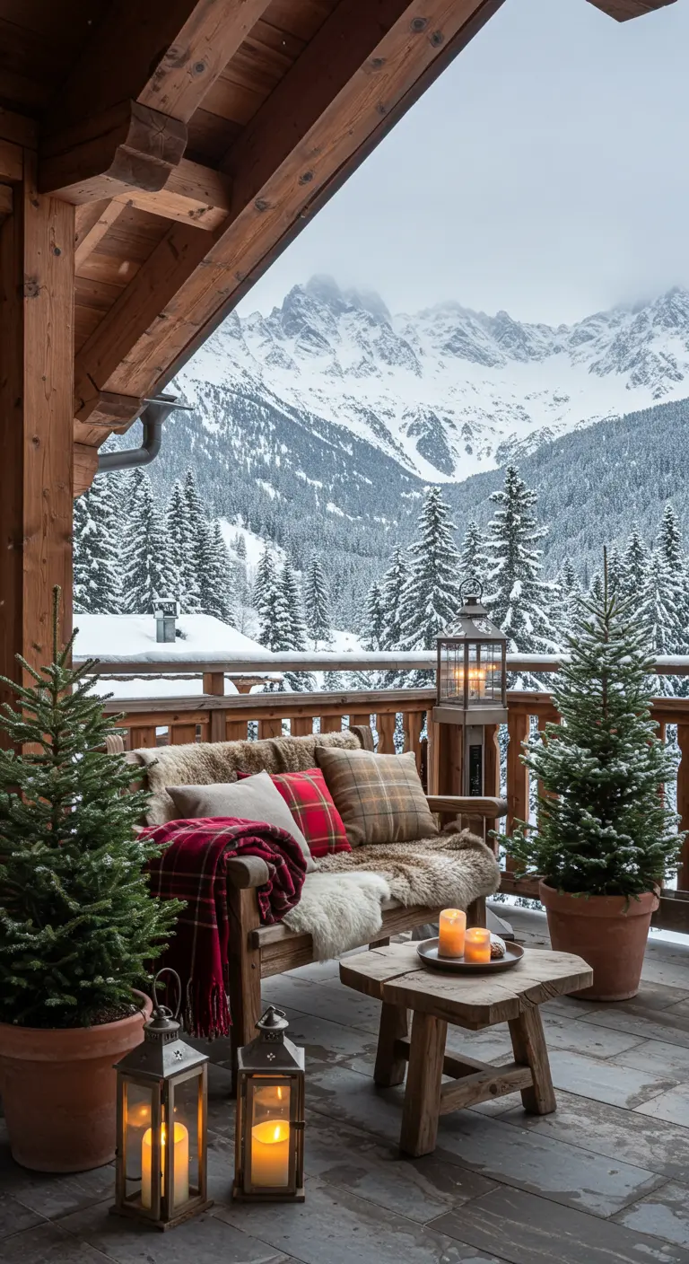 Balcon enneigé face aux montagnes, banc en bois, plaids écossais, mini sapins et lanternes.