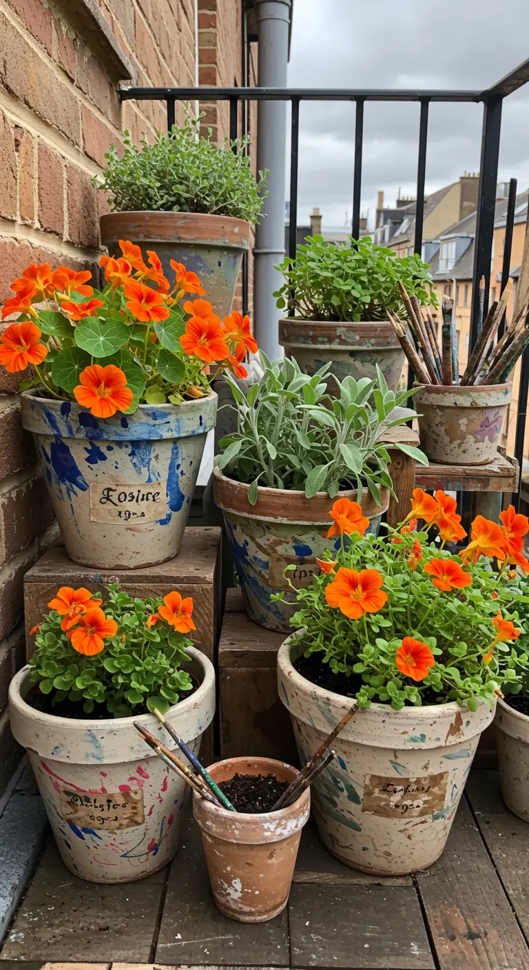 Balcon avec des pots peints colorés, des capucines oranges et de la sauge.