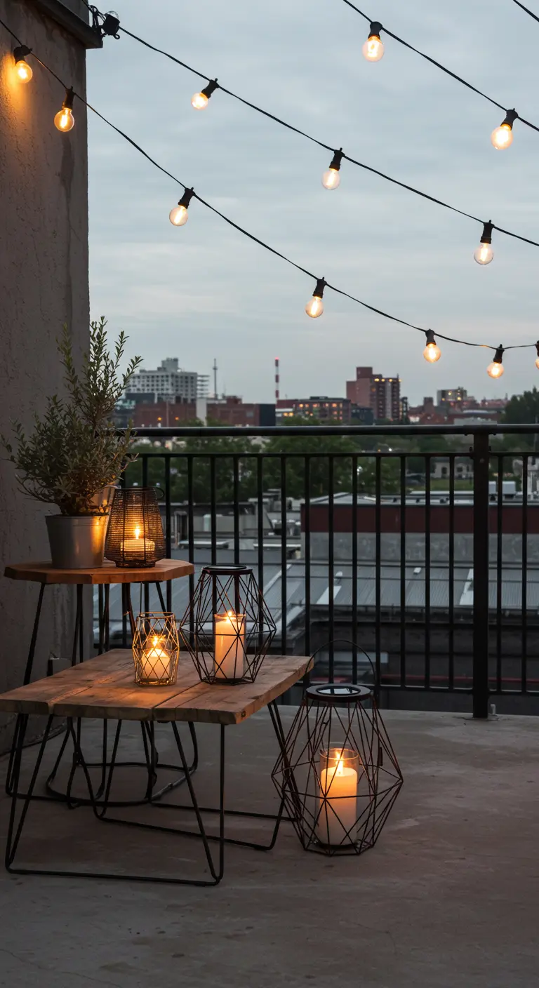 Balcon urbain avec tables industrielles, guirlandes lumineuses et lanternes géométriques.