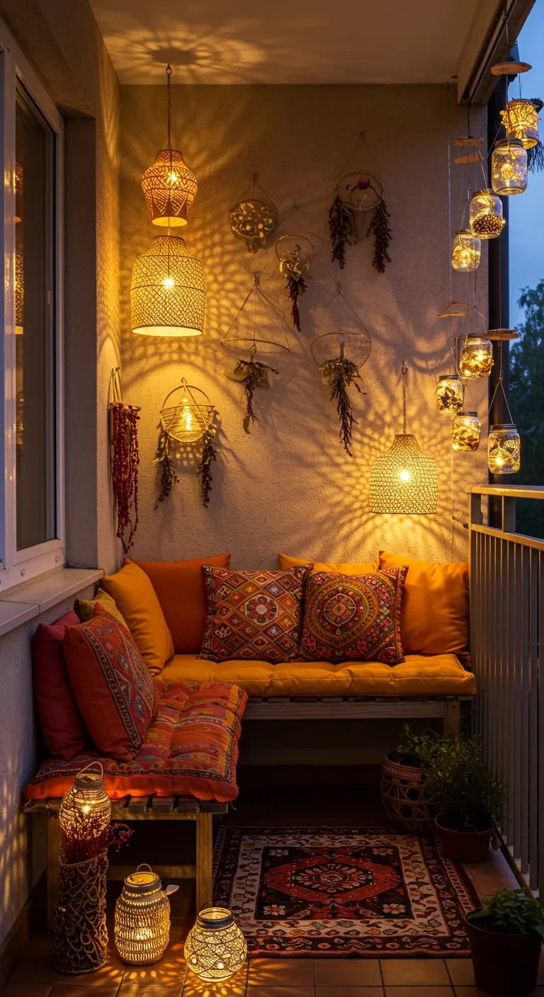 Balcon chaleureux avec canapé bas, coussins orange/or, suspensions tressées et lanternes.
