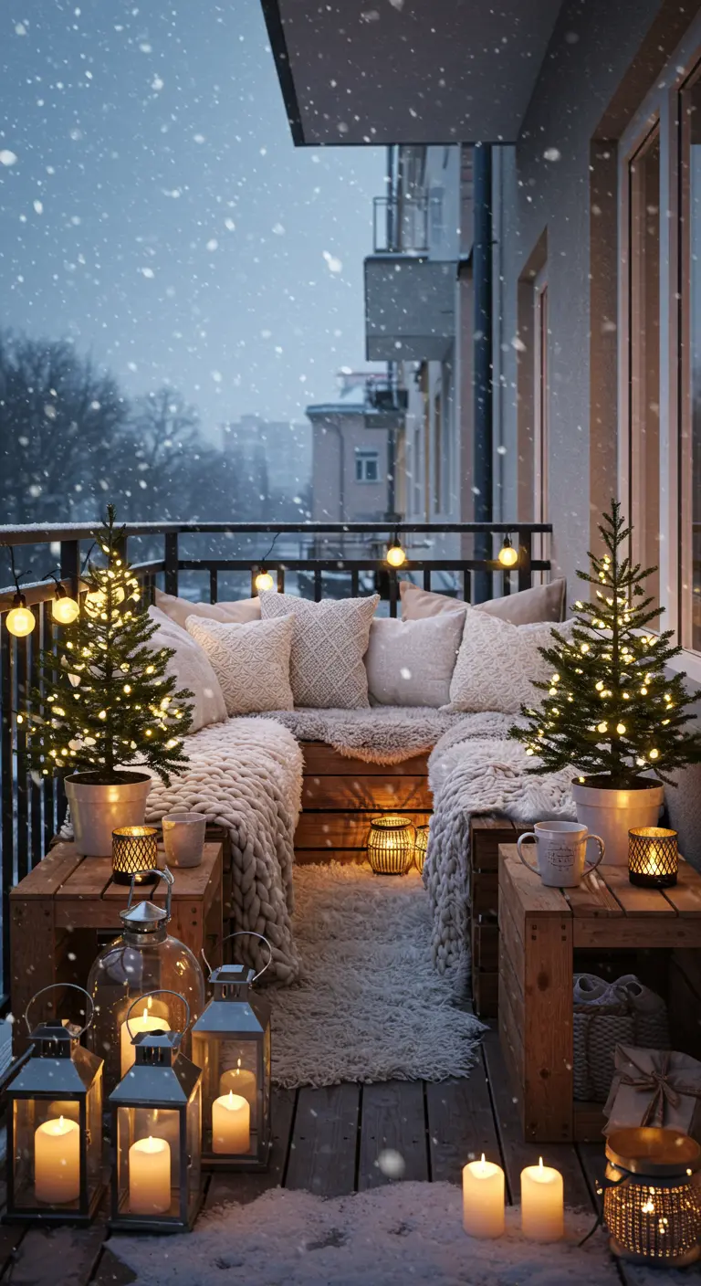 Balcon enneigé avec banc en bois, plaids blancs, mini sapins lumineux et multiples lanternes.