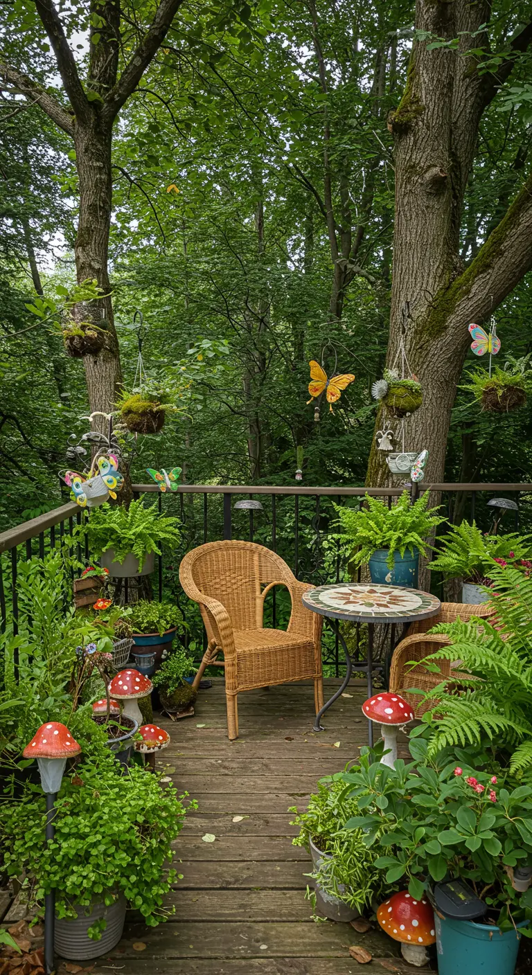 Balcon féerique avec fougères, fauteuil en rotin, papillons décoratifs et lampes solaires champignons.
