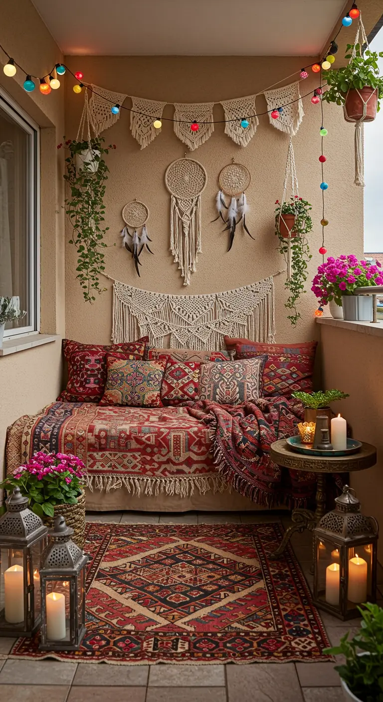 Balcon festif avec lit de repos, coussins colorés, attrape-rêves et guirlandes lumineuses