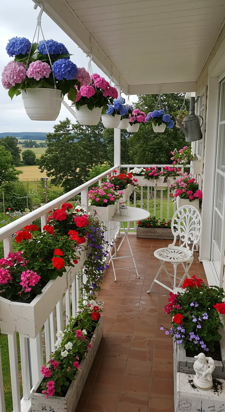 Long balcon fleuri avec jardinières blanches, suspensions d'hortensias colorées, géraniums rouges et table de bistrot.