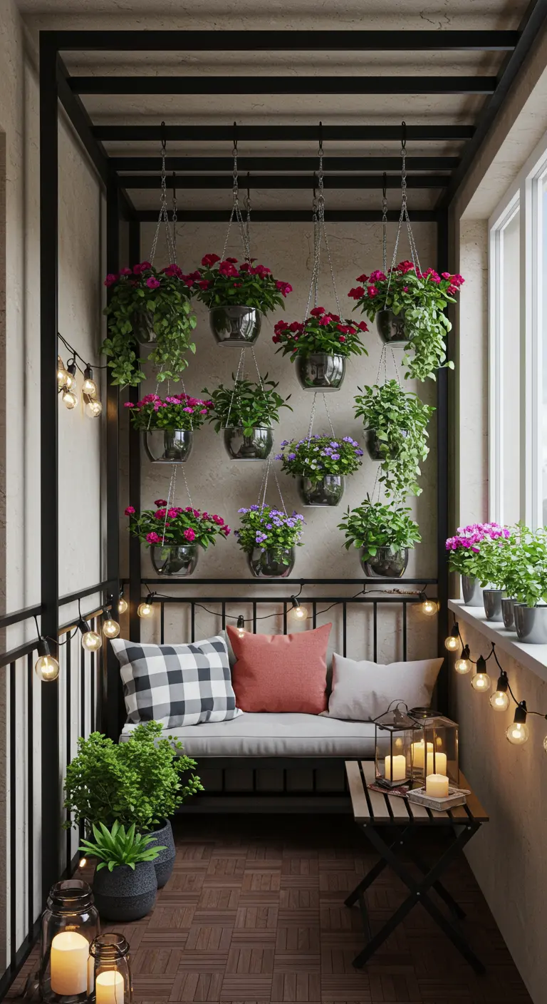 Balcon étroit avec banquette, coussins, guirlandes lumineuses et plantes en pots de verre suspendus.