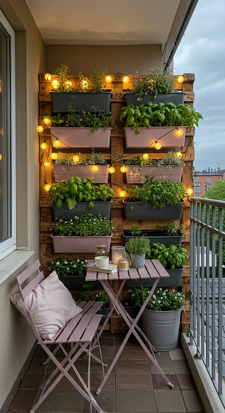 Balcon avec mur végétal en palette, jardinières d'herbes, guirlandes et mobilier bistro rose.