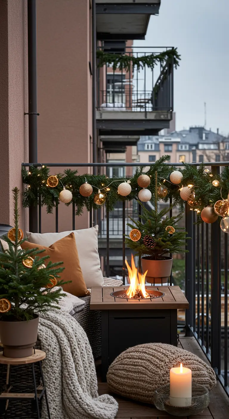 Balcon cosy en hiver avec brasero de table, guirlande de sapin, petits sapins et plaids.