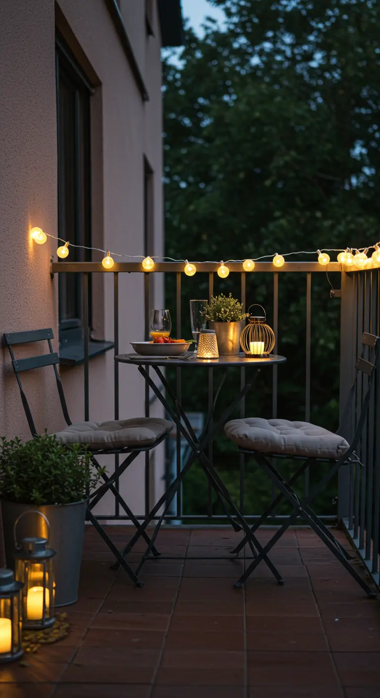 Petit balcon avec table bistrot, éclairé par une guirlande lumineuse sur la balustrade et des lanternes solaires.
