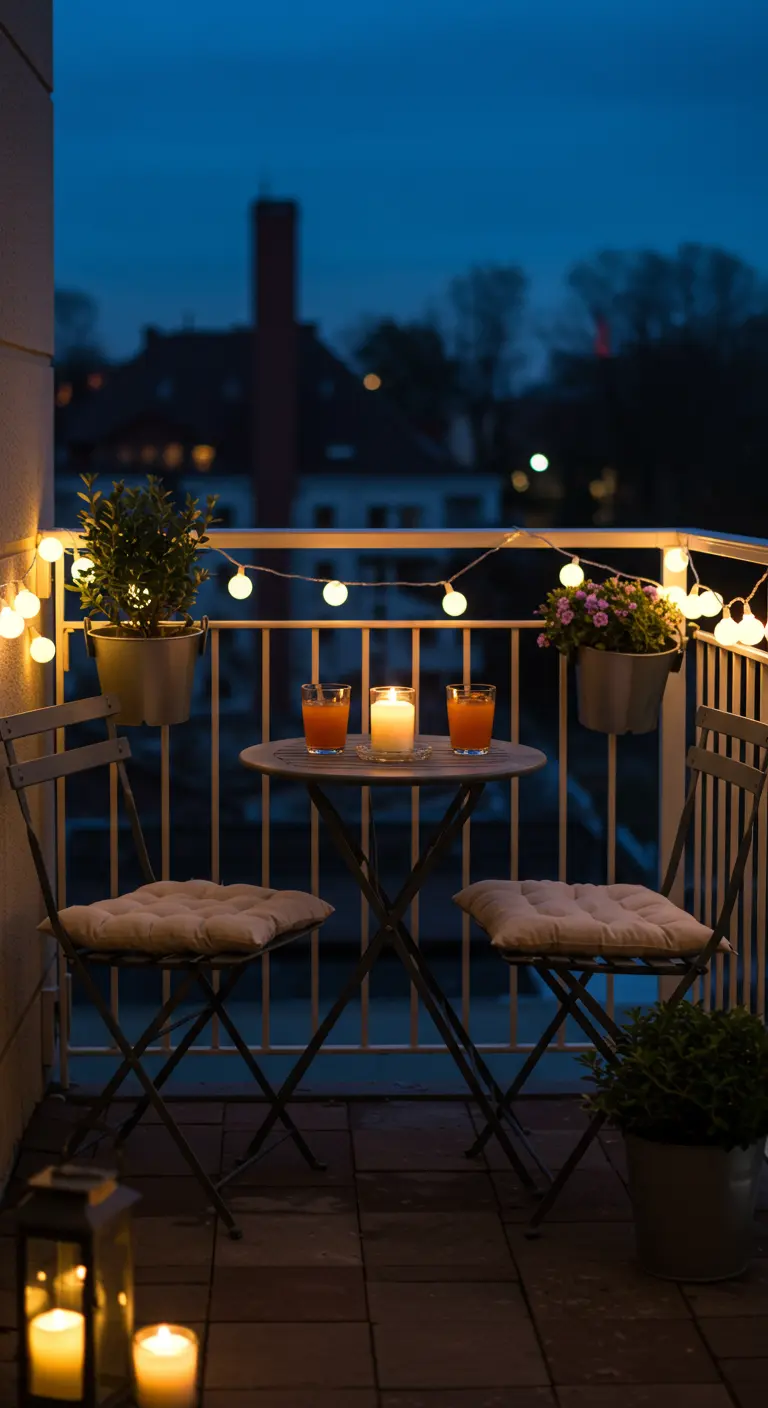 Petit balcon avec table et chaises, balustrade décorée de guirlandes lumineuses et bougies.