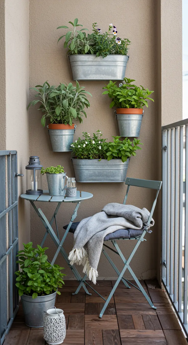 Petit balcon avec des jardinières murales en zinc contenant menthe et sauge.
