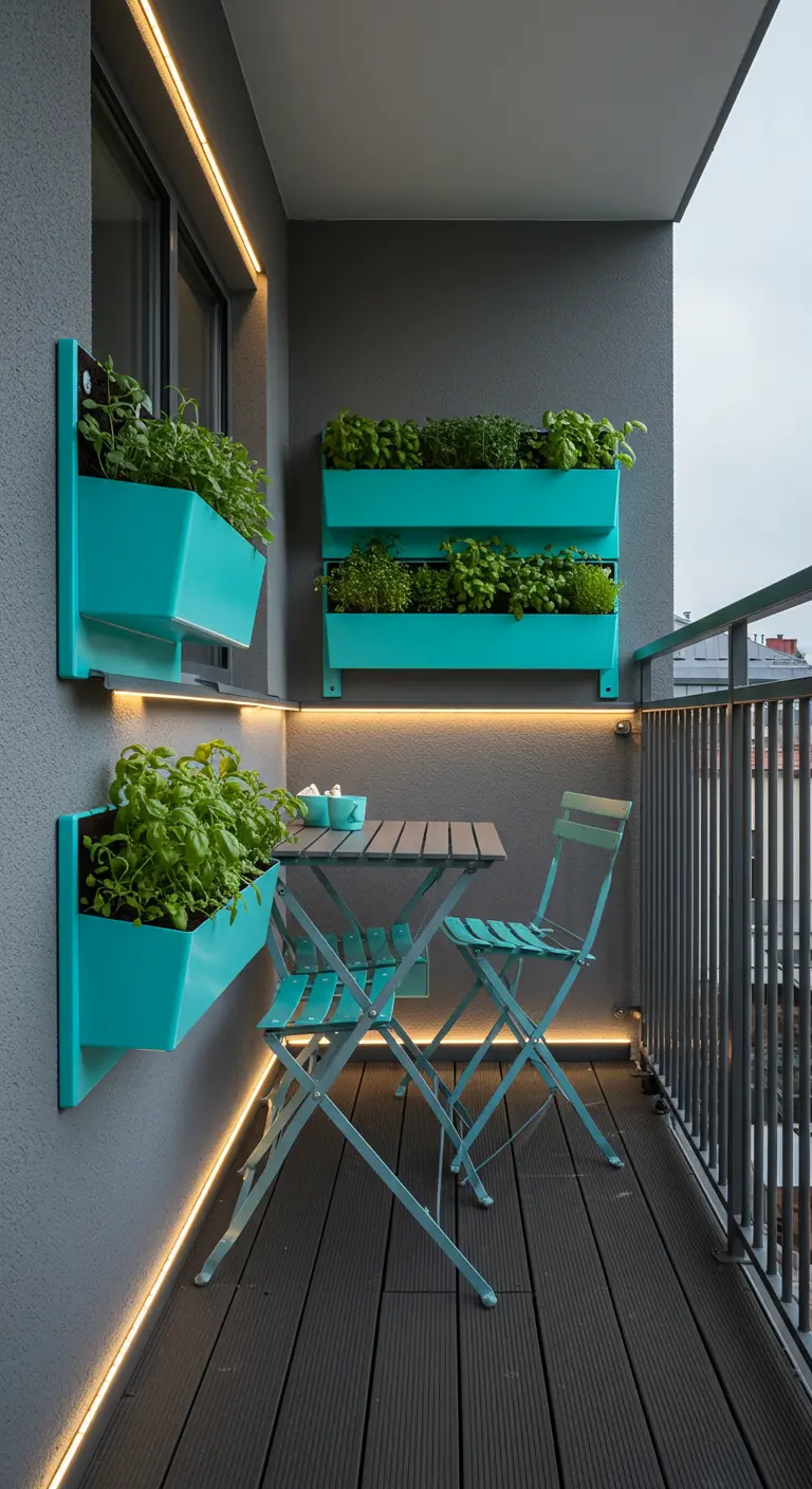 Balcon moderne avec jardinières murales turquoise, herbes aromatiques et éclairage LED intégré.