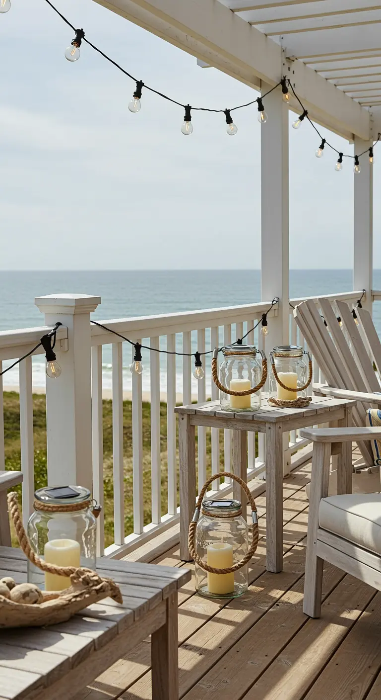 Balcon face à la mer avec guirlandes lumineuses et lanternes en verre avec cordes.