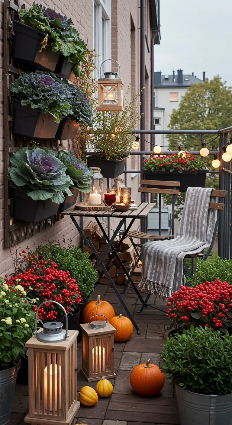 Petit balcon avec jardin vertical, table bistrot, plaids, bûches, plantes à baies rouges et citrouilles.