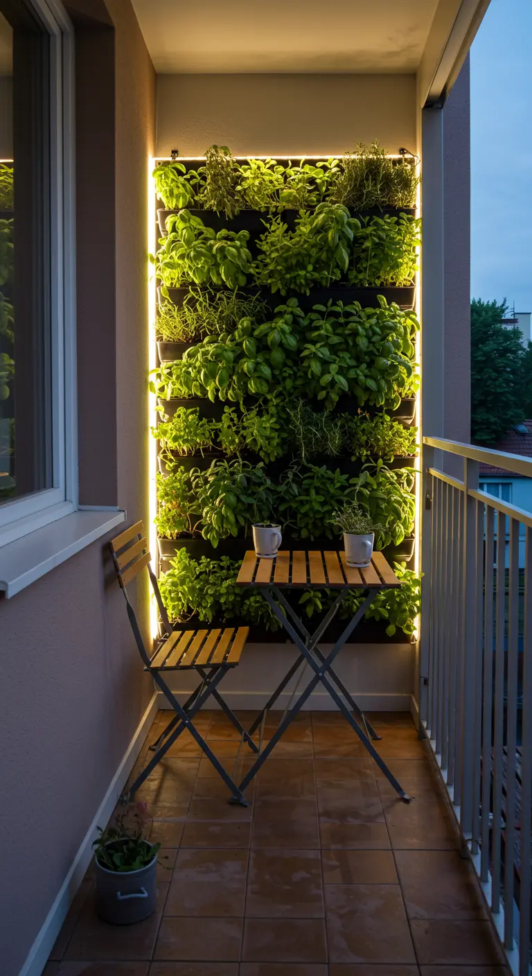Balcon avec potager vertical d'herbes, éclairage LED intégré et mobilier bistro en bois.