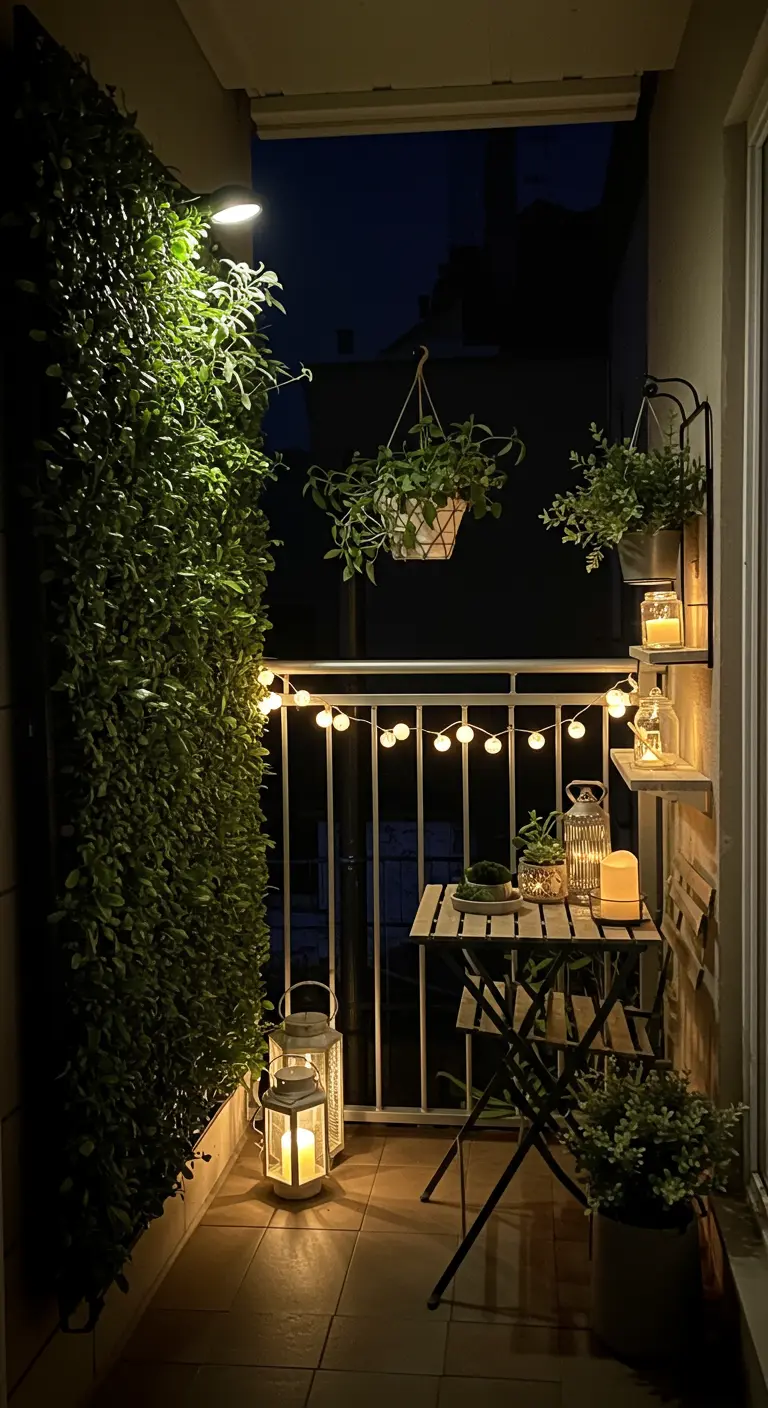Petit balcon cosy avec mur végétal, guirlande lumineuse, table bistrot et lanternes solaires au sol.