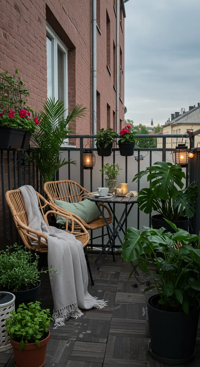 Petit balcon urbain avec chaises en rotin, table bistro, plantes vertes et guirlandes lumineuses.