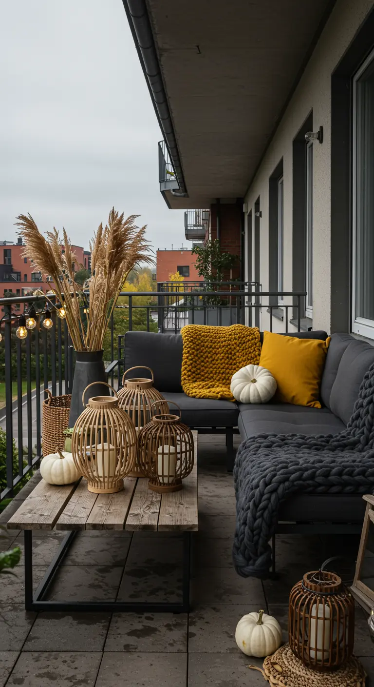 Balcon urbain étroit avec canapé gris, plaids, coussins jaunes, herbe de la pampa, citrouilles et lanternes en bois.