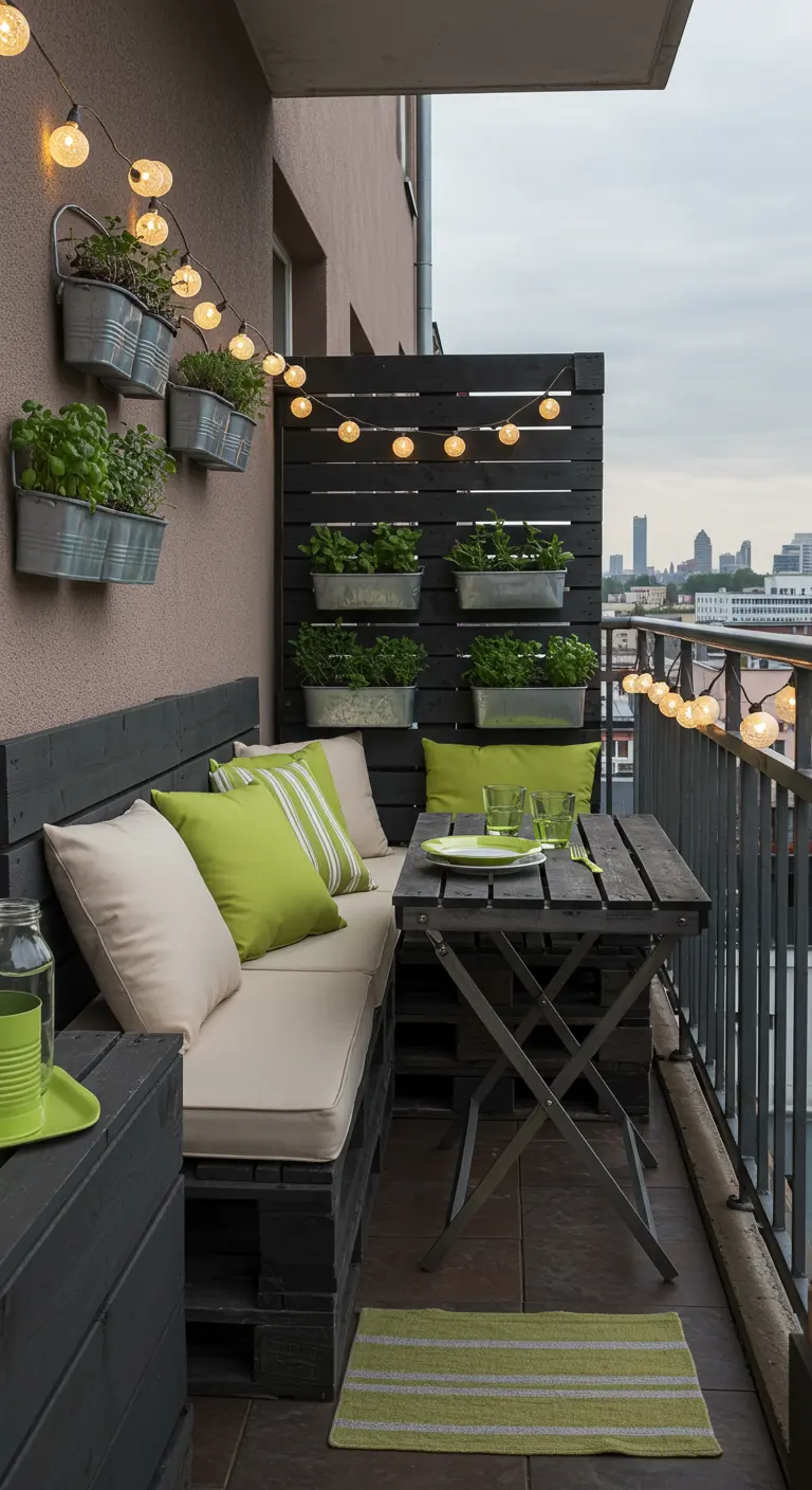 Balcon urbain palettes noires, coussins vert/crème, table pliante, jardinières suspendues.