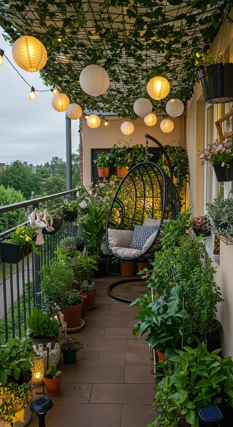 Balcon luxuriant avec plantes en pot, fauteuil suspendu et lampions.