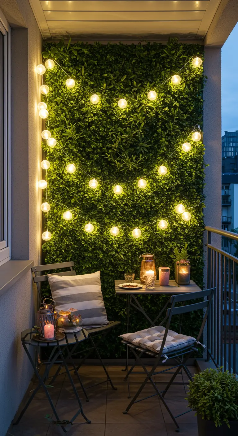 Balcon avec mur végétal artificiel illuminé par des guirlandes lumineuses à boules.