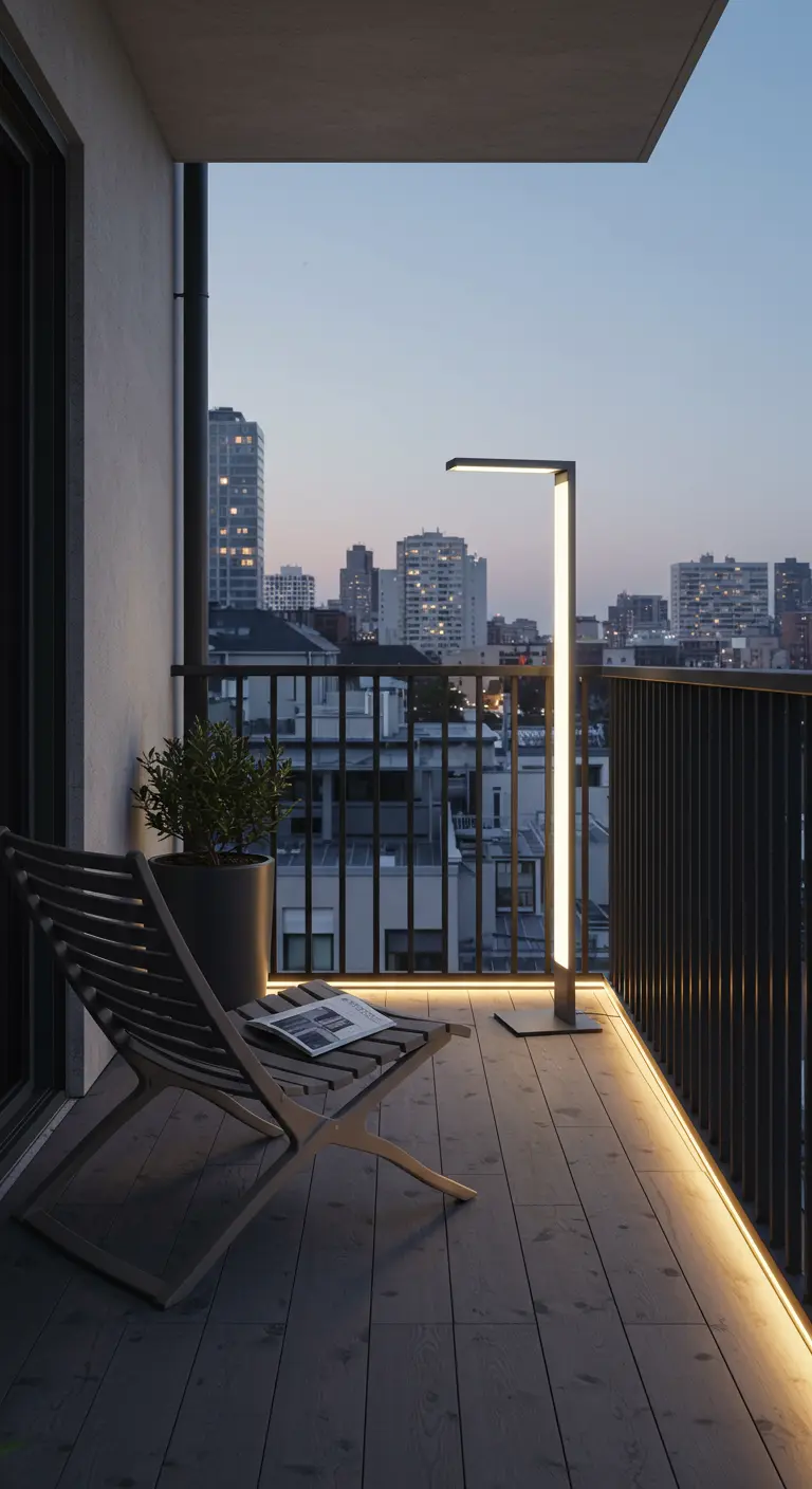 Balcon urbain avec lampe sur pied verticale, LED intégrées et fauteuil pliant en bois.