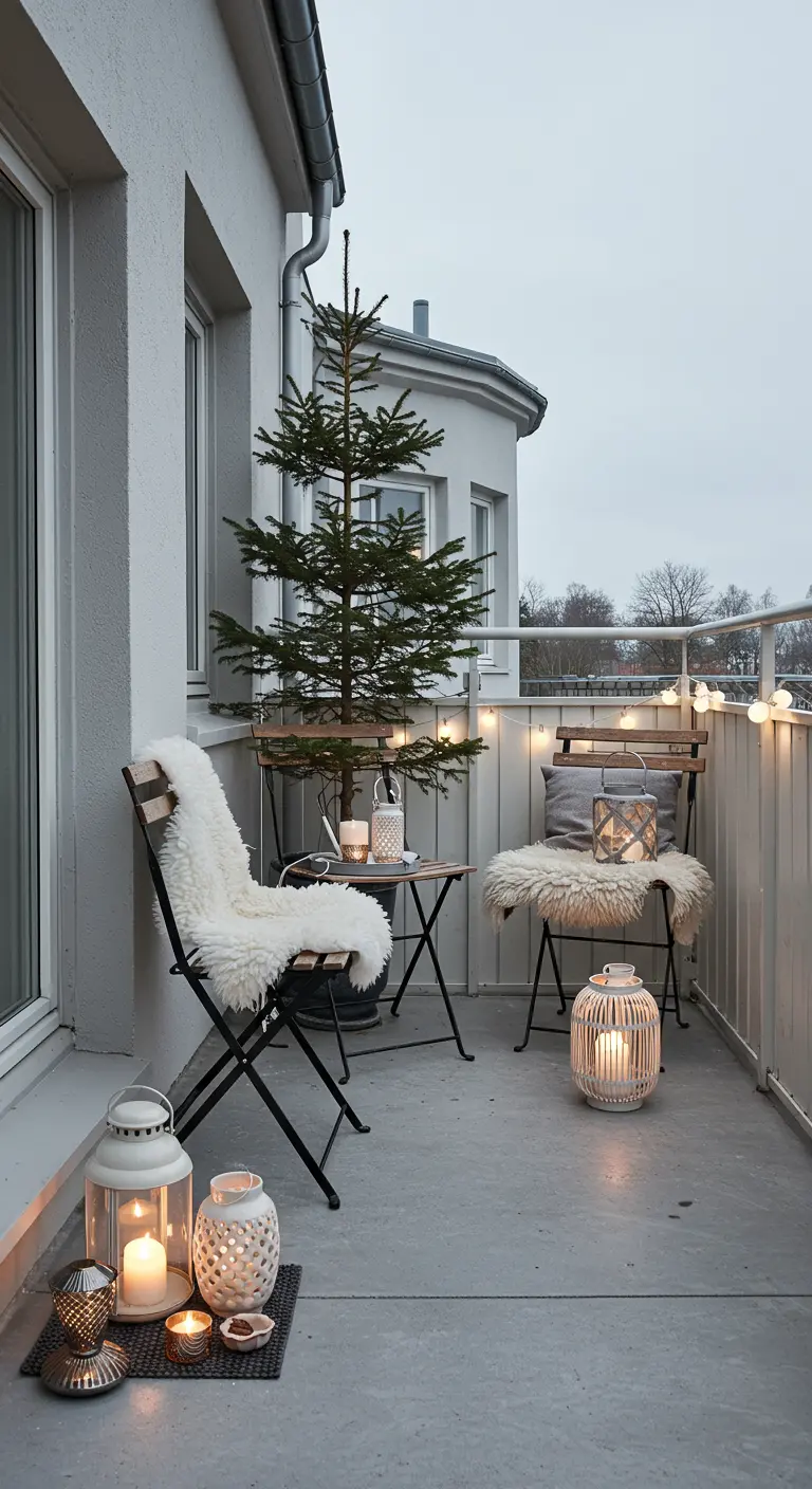 Petit balcon avec mobilier pliant, peau de mouton blanche, mini sapin et lanternes claires.