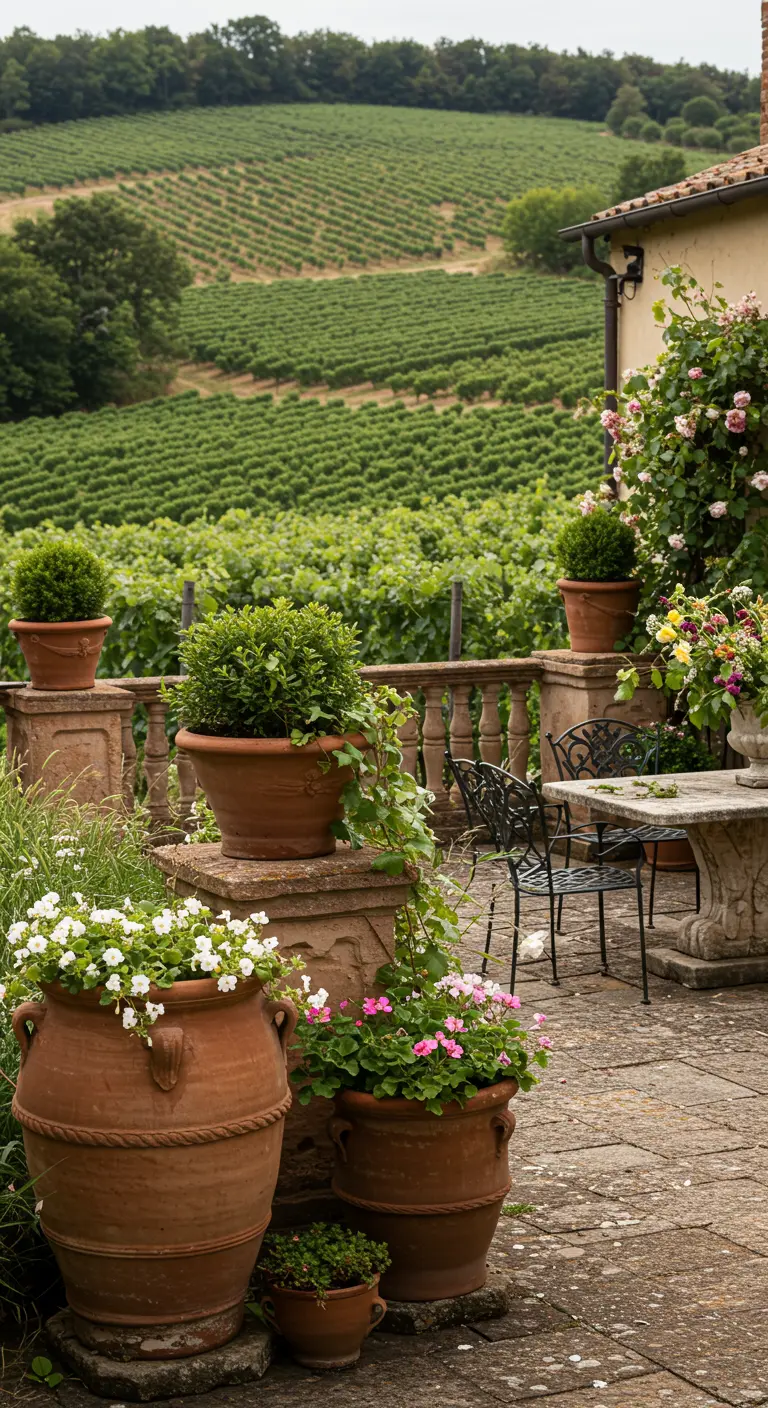 Terrasse en pierre surplombant des vignobles, avec de grands pots en terre cuite et un mobilier de jardin en fer forgé.