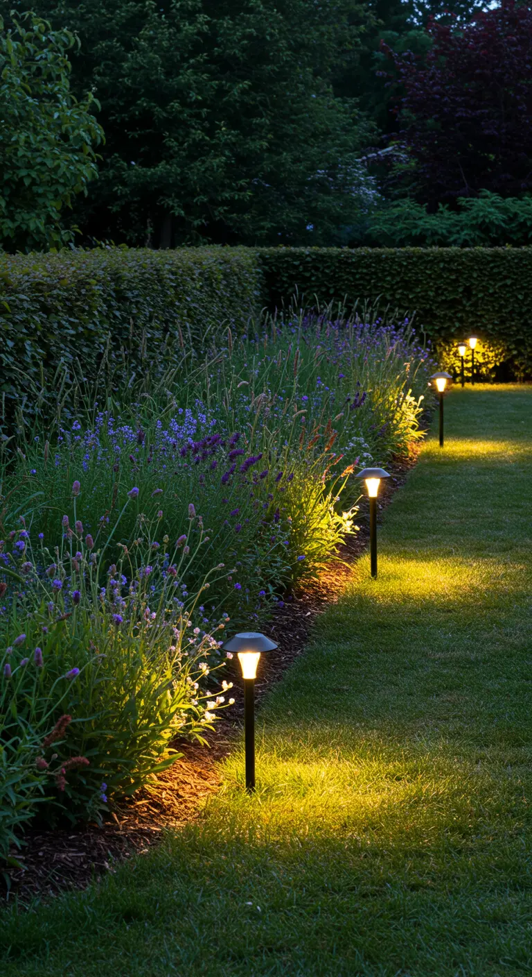 Chemin de jardin éclairé par des balises LED le long d'un massif fleuri et d'une haie.