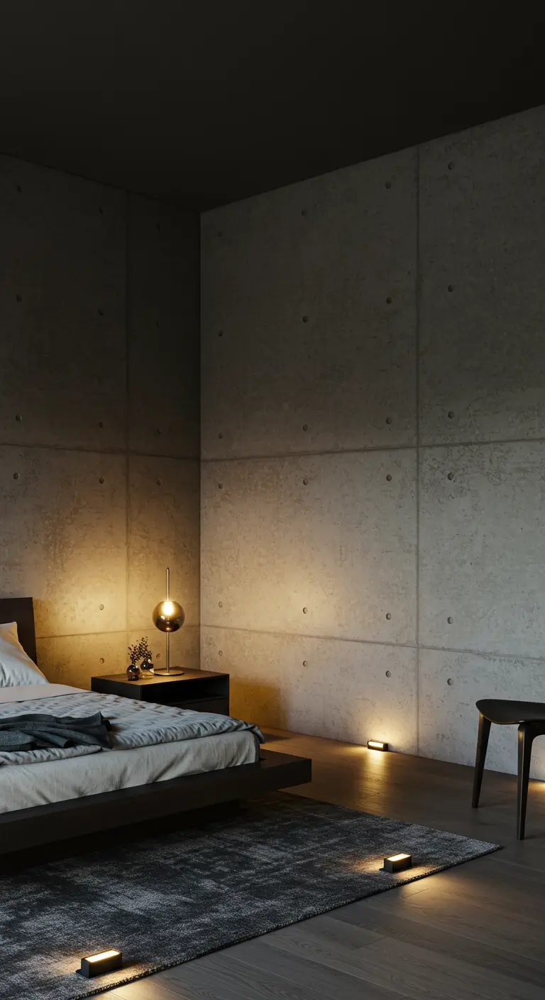 Spots LED encastrés au sol créent un balisage lumineux dans une chambre aux murs en béton.