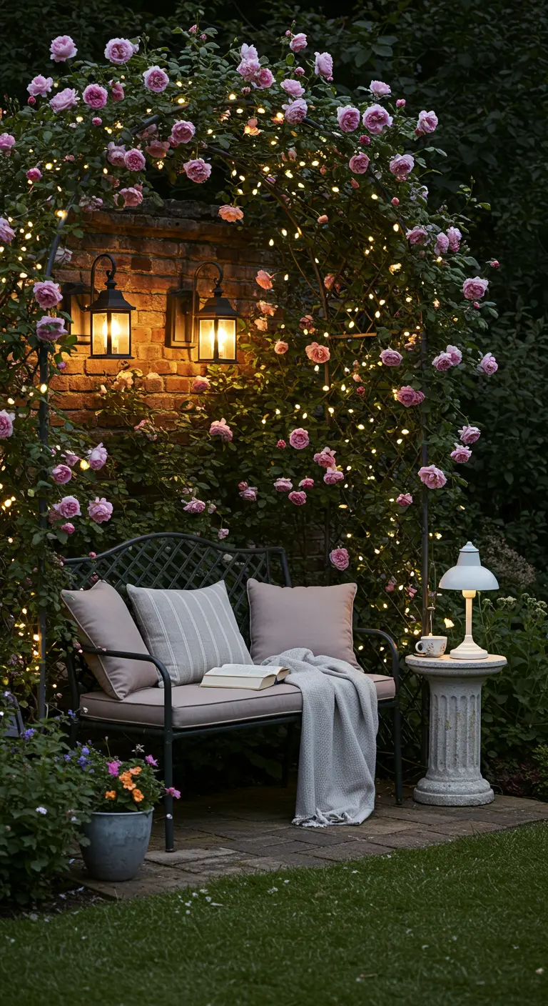 Banc romantique sous une arche de roses illuminée, avec lanternes murales et petite lampe de table.